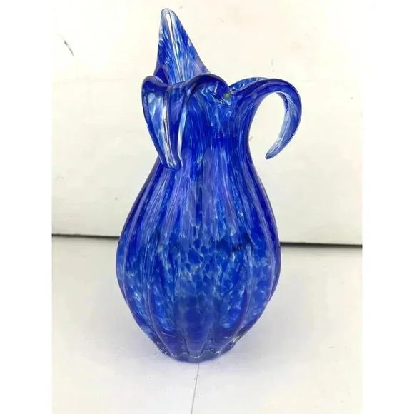 VTG Blue Murano Glass Vase Spotted Ribbed Vase 8.5" Tall Three Petal Floral MCM - Picture 10 of 11